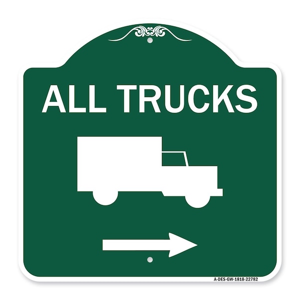 Trucks Sign All Trucks W/ Truck & Right Arrow, Green & White Aluminum Sign, 18" x 18", GW-1818-22782